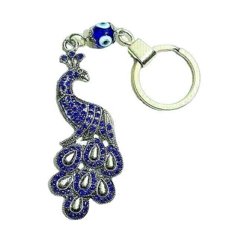 Blue Peacock Keychain Rhinestones Silver Bling Metal Keyring Acrylic Bead Gift
